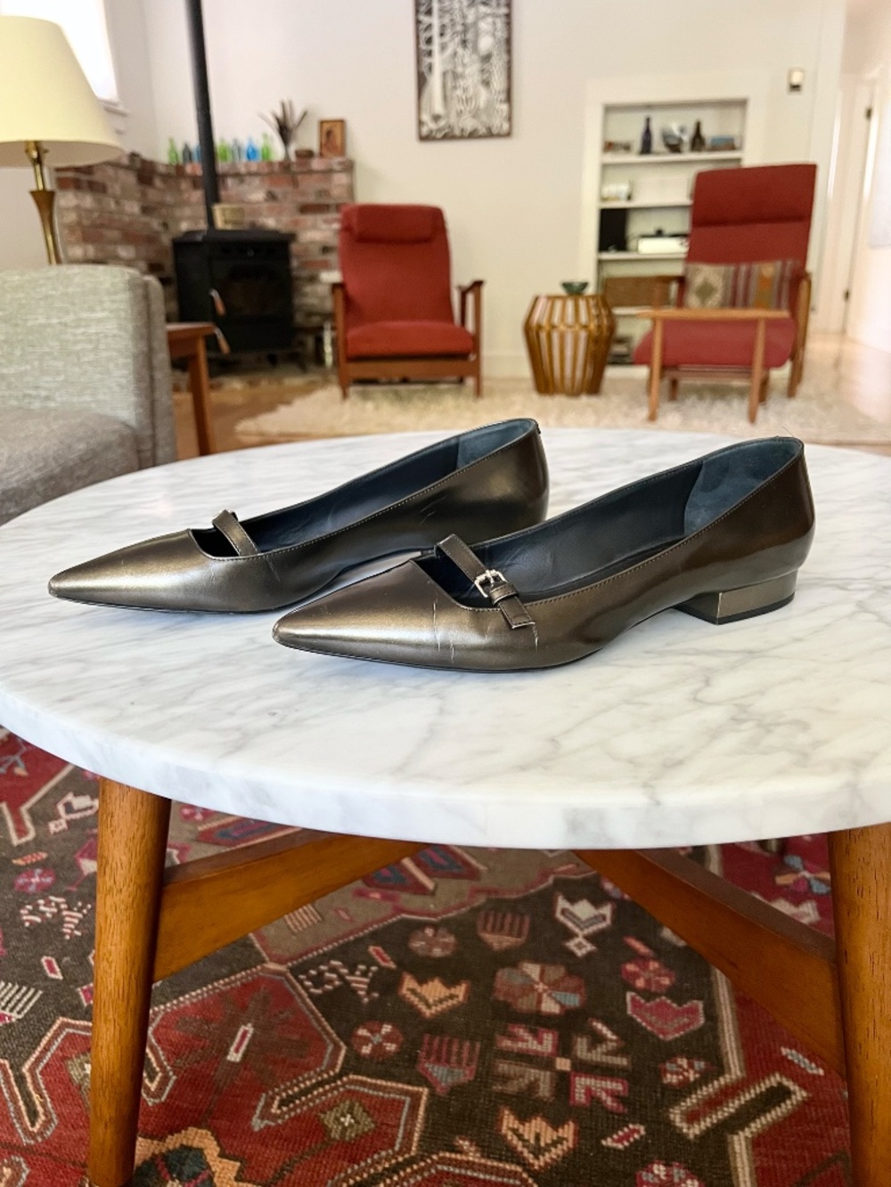 Max Mara Pewter Leather Pointed Toe Mary Jane Flats EU 39.5 - Picture 6 of 9